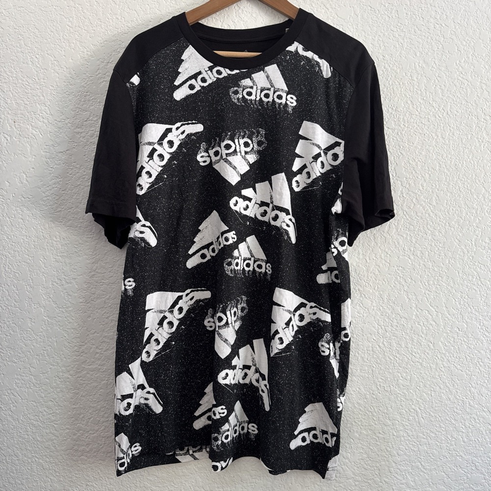 Adidas Men's Size XL Black & White All Over Logo Print Short Sleeve T-Shirt